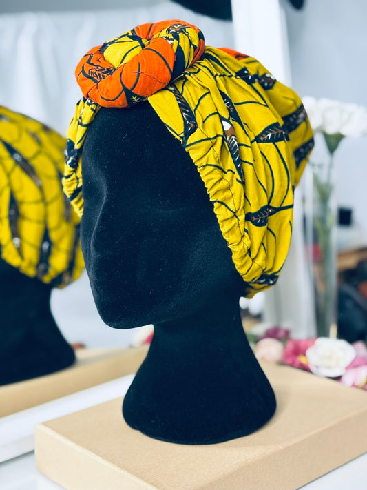 Bonnet foulard avec noeud en forme de pompom Jaune moutarde | Feuilles d'automne [Pièce unique]