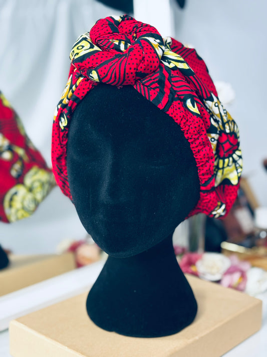 Bonnet foulard avec noeud en forme de pompom Rouge & Jaune | Pétunia sauvage