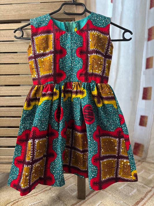 Robe pour petite fille en tissu wax Rouge et Vert